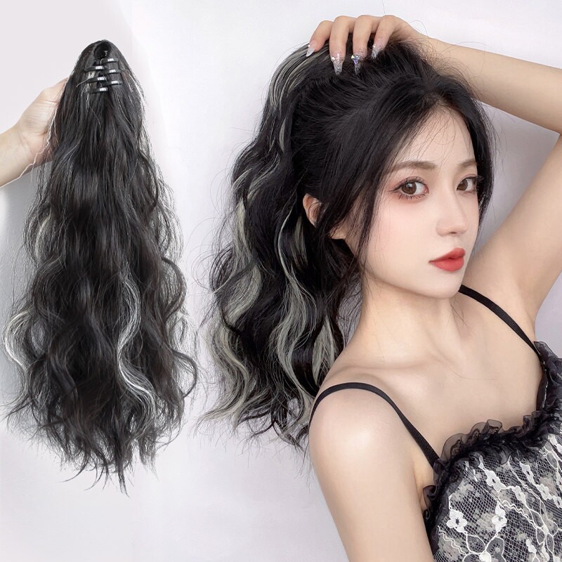 假发女挑染马尾网红韩式抓夹梨花卷自然无痕仿真发短发高马尾辫子