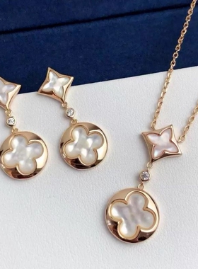 菱形四花白贝母项链五花手链天河石银耳钉环女轻奢套装玫瑰金钛钢