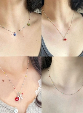 春夏新款叠戴彩色小花朵吊坠锁骨链女款可爱红苹果吊坠项链配饰品