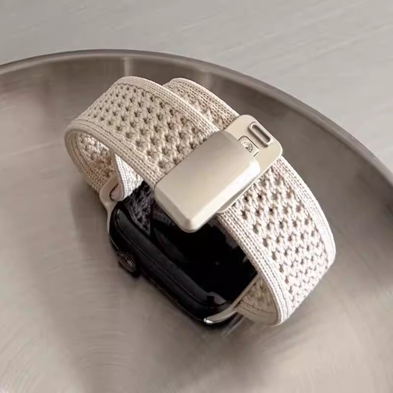 适用苹果iWatch11表带applewatch10手表s9夏季透气款s8编织磁吸扣s7女款智能s5腕表日链se2s10代腕带黑色回环图片