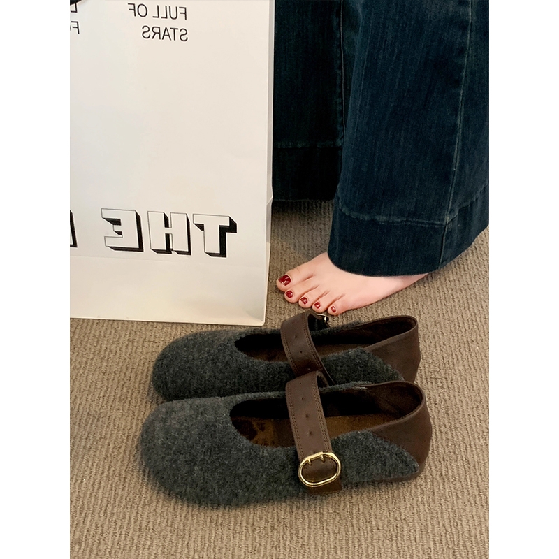 灰色加绒呢子勃肯鞋女2025秋冬新款毛毡平底豆豆鞋毛毛玛丽珍棉鞋