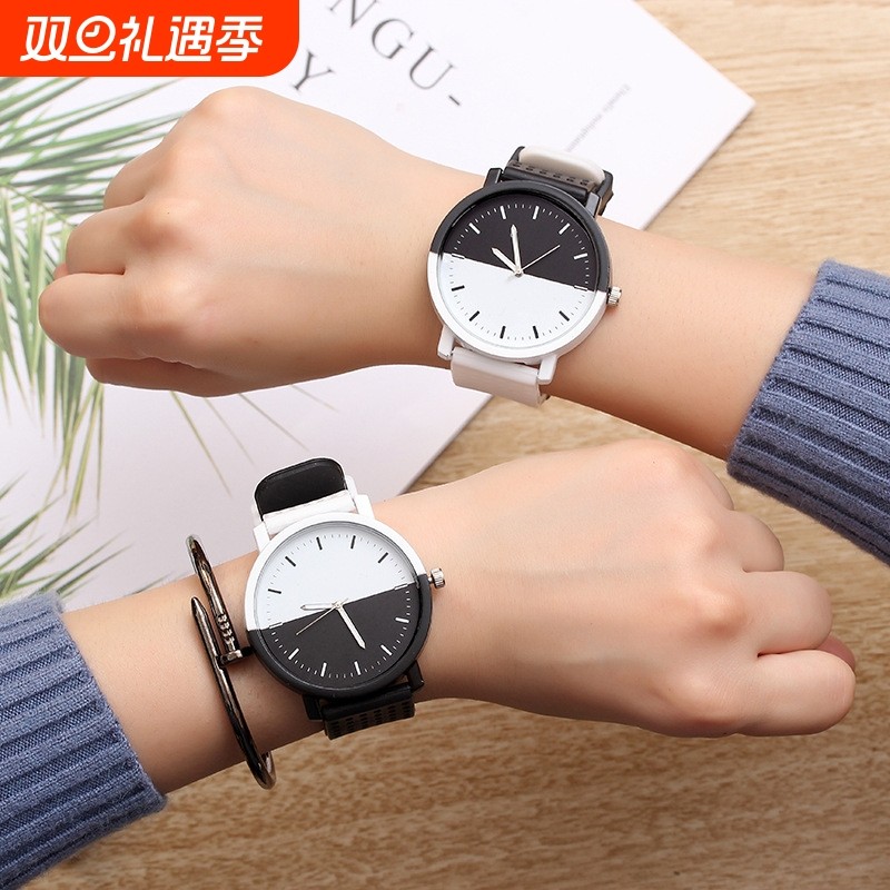 【HOT】男女情侣手表韩版潮流时尚黑白学生简约复古休闲大盘石英
