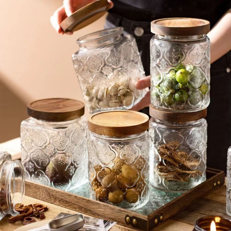 中式复古雕花玻璃密封罐糖果零食收纳瓶坚果储存罐黄桃罐头瓶干货