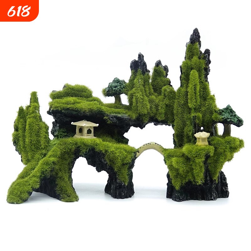鱼缸造景装饰假山石头草布景套餐水族箱大小摆件流水小桥青苔苔藓