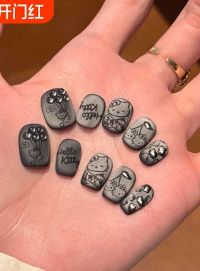 Kitty猫手工穿戴甲黑色磨砂猫眼可爱立体简约法式显白ins美甲短款