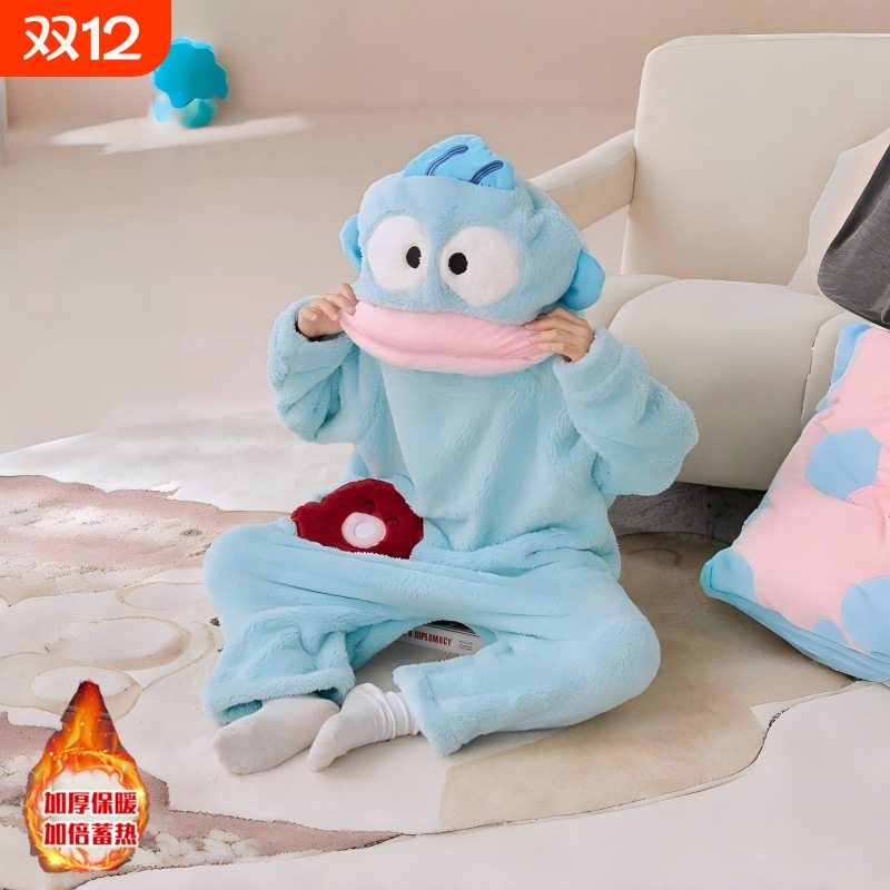 法兰绒丑鱼儿童可爱搞怪连体睡衣女亲子秋冬加厚珊瑚绒卡通家居服