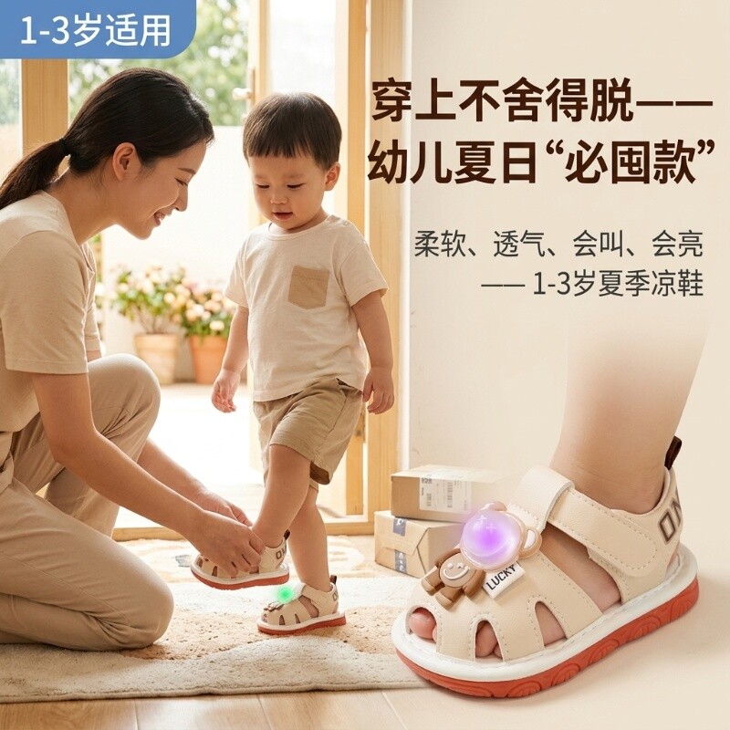 宝宝凉鞋学步鞋夏季新款男宝女童鞋1-3岁婴儿软底防滑叫叫鞋亮灯