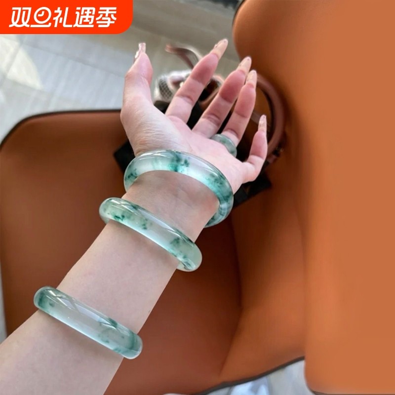 冰种冰透岫玉飘花手镯高冰圆条镯子手链蓝水独龙玉翡翠色女款圈口