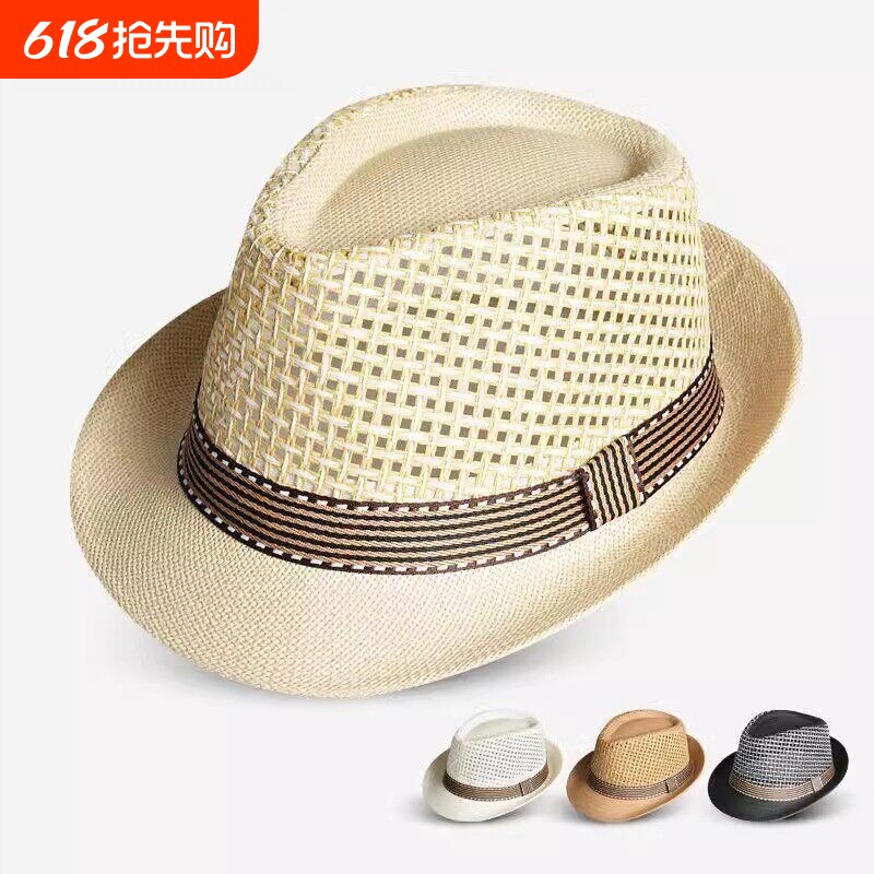 新款透气草编小礼帽男韩版夏季出游防晒遮阳沙滩帽英伦复古爵士帽
