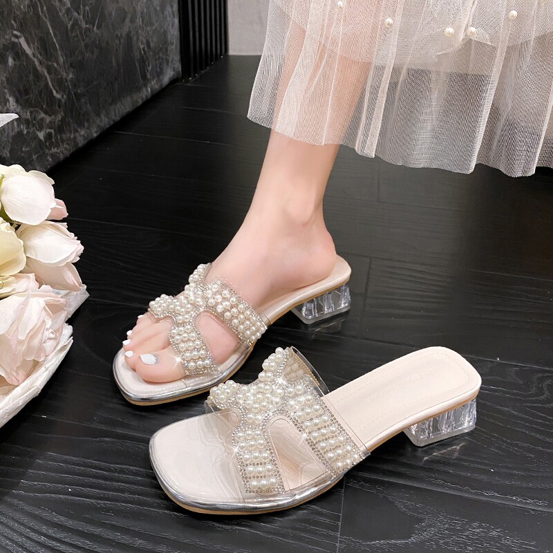 珍珠串珠凉鞋女夏外穿透明水晶粗跟中跟凉拖鞋露趾时装鞋子气质