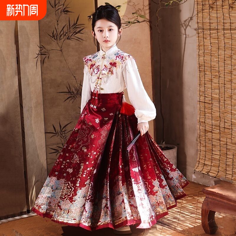 中国风女童马面裙套装改良古风小女孩明制唐装儿童国学服汉服春款