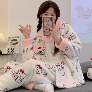 冬天家居服保暖套装 加厚卡通珊瑚绒大码 kt猫睡衣女秋冬季 2025新款