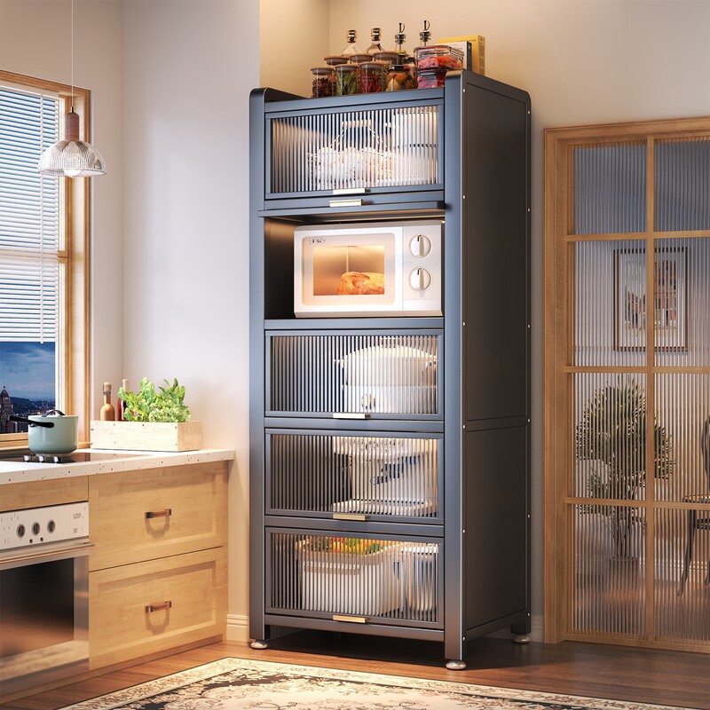厨房置物架落地多层收纳柜子微波炉家用带门夹缝多功能橱柜储物柜