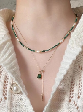 新款森系仿珍珠绿色串珠项链女小清新叠戴颈链轻奢百搭锁骨链