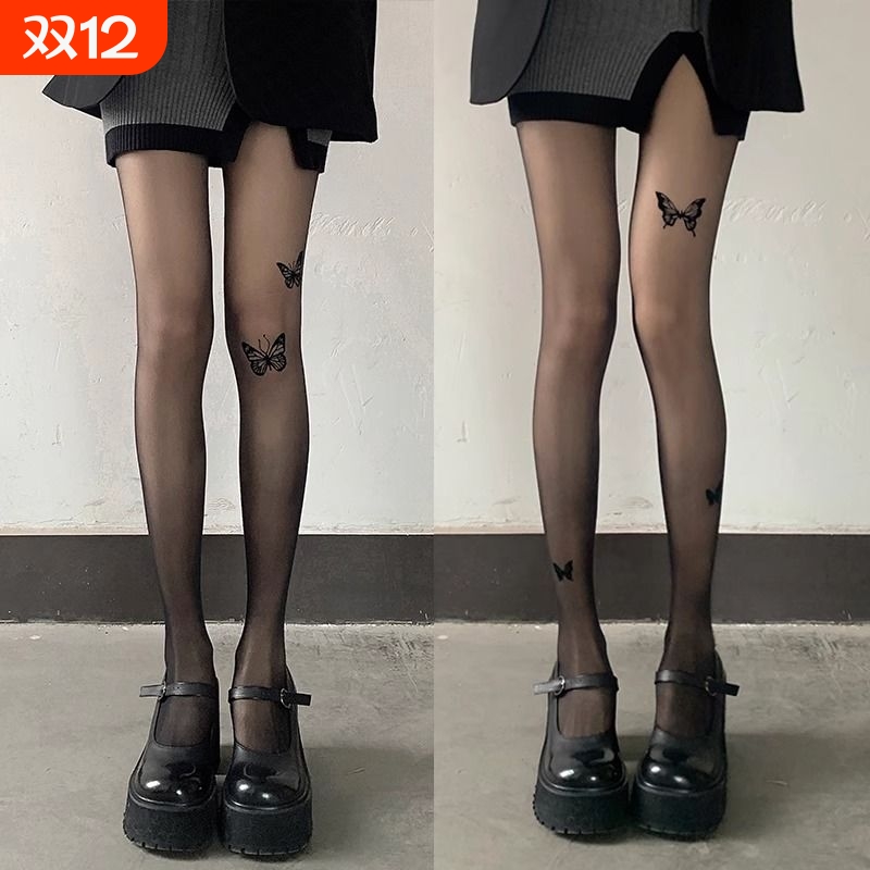 黑色蝴蝶结丝袜女性感黑丝纯欲连裤袜可爱印花jk洛丽塔超薄款波点