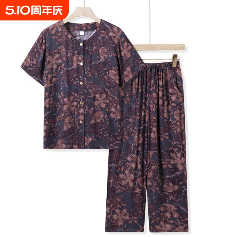 中老年人女夏装短袖衬衣套装奶奶老人上衣妈妈棉绸两件套衣服红色