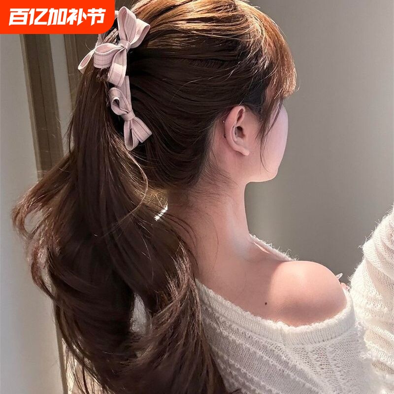 !粉色双面蝴蝶结香蕉夹竖夹气质高马尾发夹后脑勺发饰布艺紫色