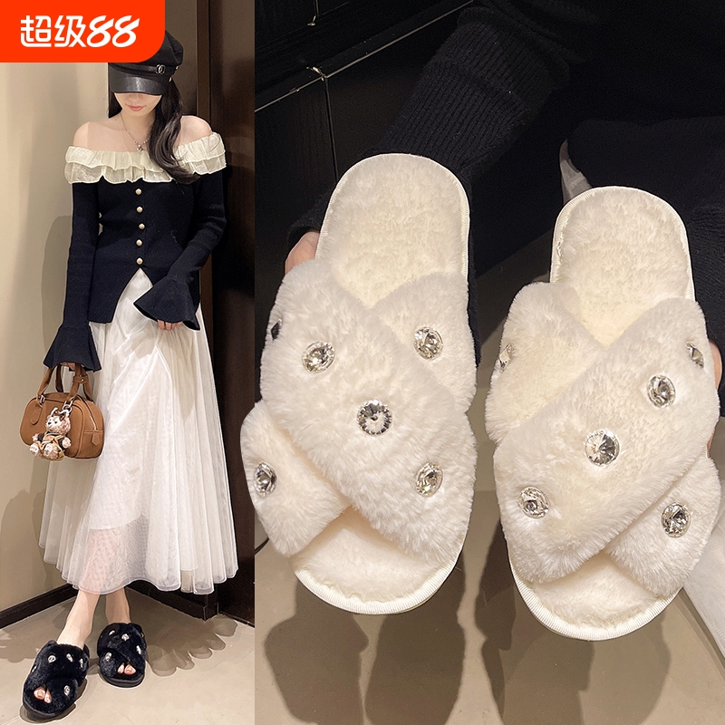 品牌直供毛毛拖鞋女外穿2025年新款秋冬季居家毛绒厚底交叉棉拖鞋