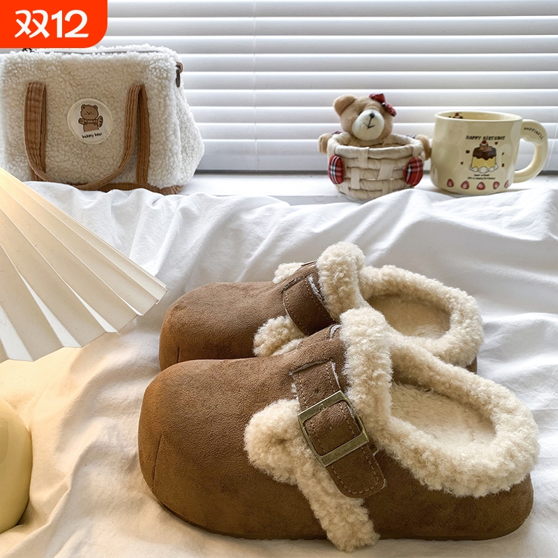 内增高厚底勃肯鞋毛毛拖鞋女外穿2025新款冬季棉拖鞋加绒包头半拖