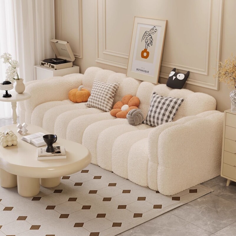 网红布艺双三人羊羔绒直排懒人沙发奶油风棉花糖沙发小户型出租屋