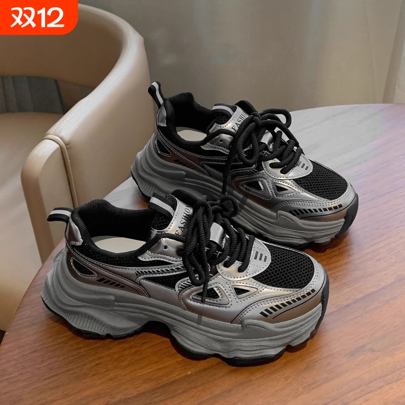 品牌断码老爹鞋女加绒黑色鞋子2025新款春秋季百搭松糕厚底增高休