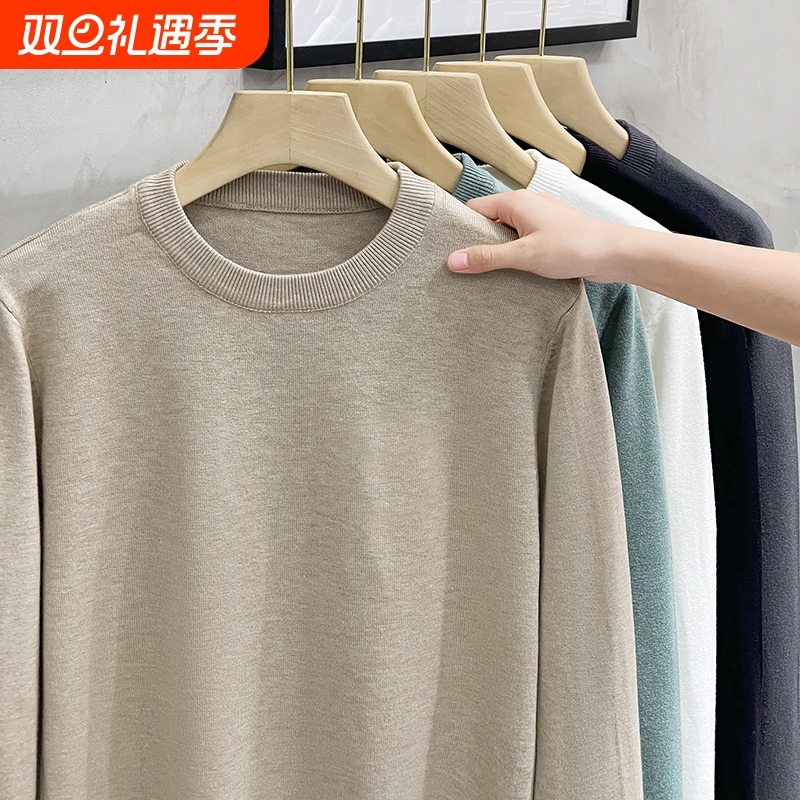 加绒加厚毛衣针织衫男内搭秋冬宽松圆领保暖爸爸打底毛衫线衣红色