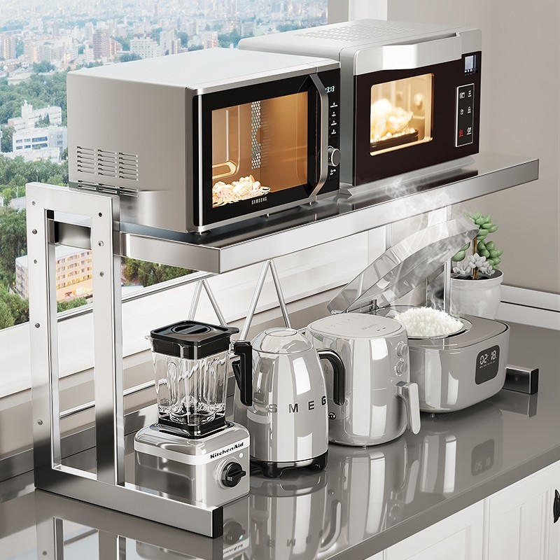 不锈钢厨房置物架台面分层多功能微波炉电饭煲一体电器烤箱收纳架