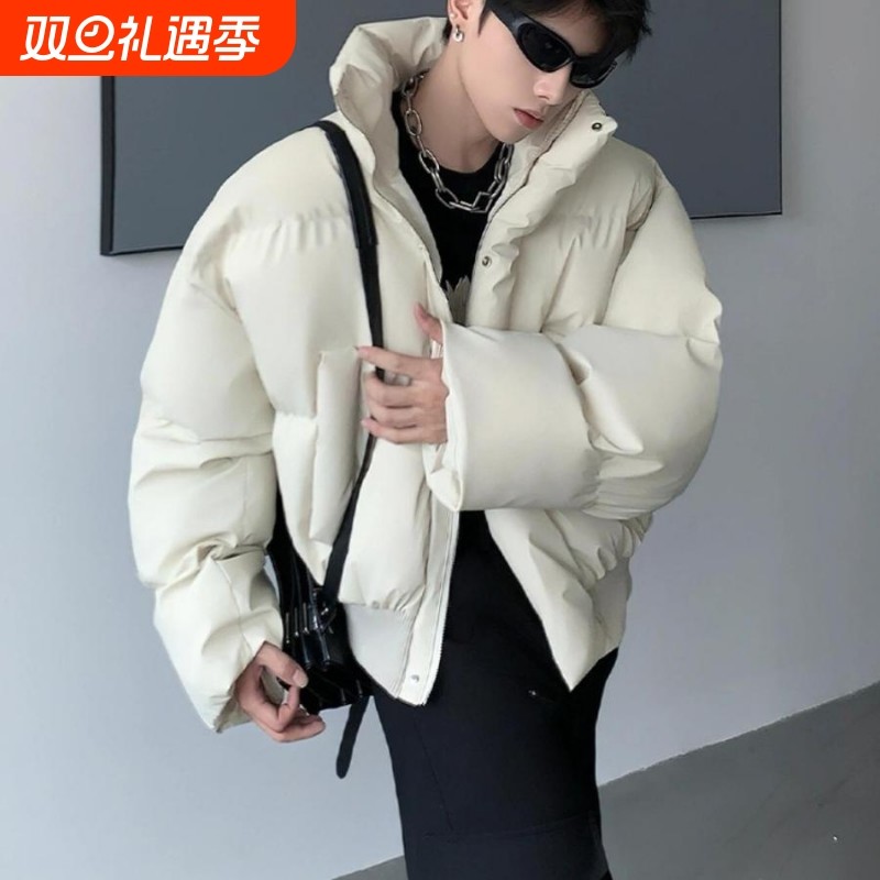 户外黑色pu皮短款羽绒服男高级感冬季美式工装棉衣外套立领保暖面