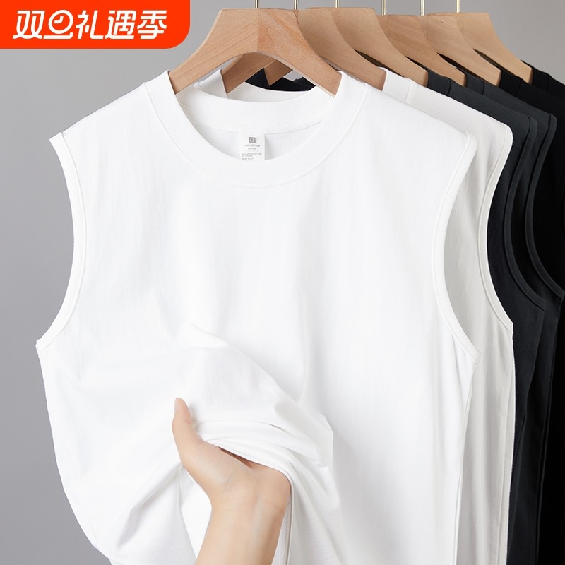 100%新疆棉！无袖坎肩230g重磅白色纯棉背心女健身百搭t恤男