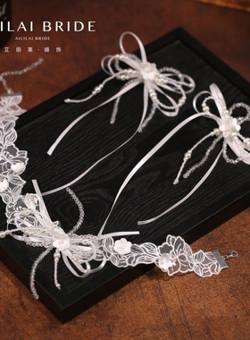 法式复古蕾丝花朵蝴蝶结颈链耳环高级新娘婚纱礼服项链简约锁骨链