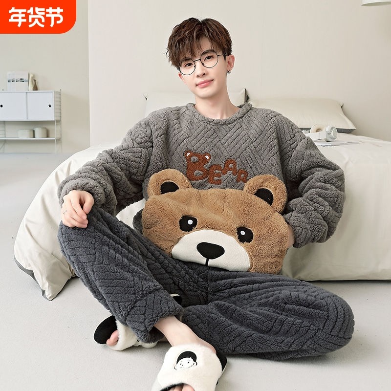睡衣男秋冬款加绒加厚珊瑚绒青少年冬天可外穿卡通大码家居服套装,女士内衣/男士内衣/家居服,睡衣/家居服套装,淘宝优惠券,粉丝福利购,淘宝优惠卷