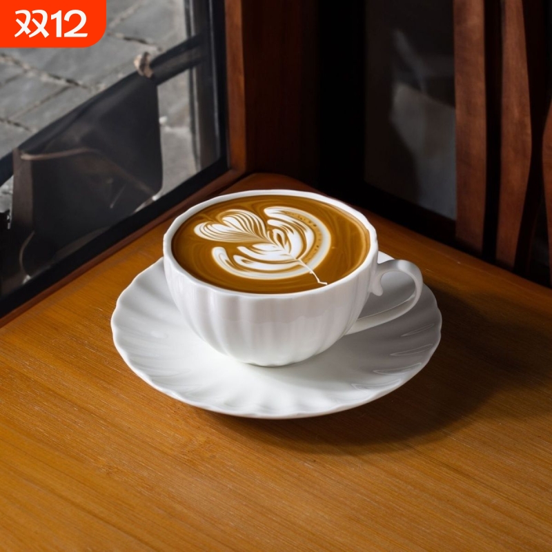 陶瓷杯纯白咖啡杯专业拿铁艺术拉花杯压纹办公必备南瓜杯子简约