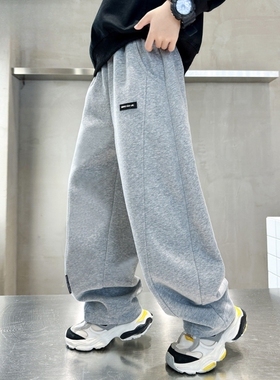 男童裤子加绒秋冬款2026儿童直筒弯刀裤中大童宽松运动裤灰色黑色