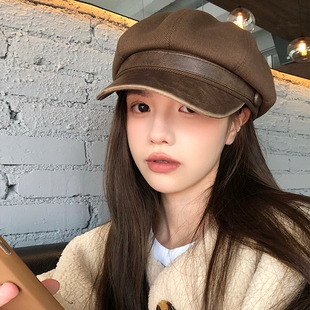 棕色贝雷帽女秋冬季 帽子显脸小报童八角帽咖色卡其色黑色 2026新款