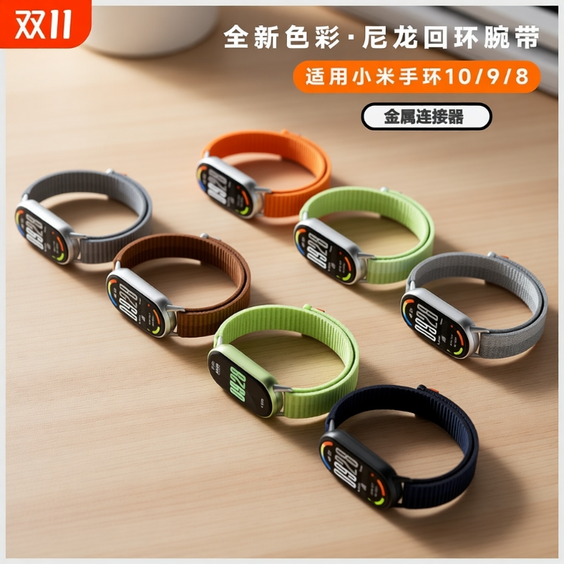 适用小米手环10表带NFC编织尼龙回环金属连接器腕带Xiaomi9/8代魔术贴透气男生女生款多巴胺颜色替换百搭腕带