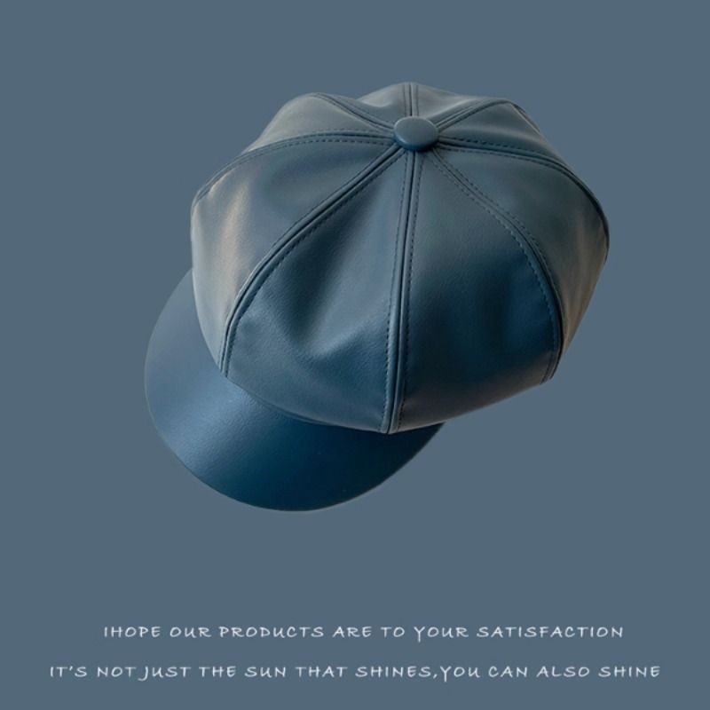 黑色皮质贝雷帽女款英伦设计感复古百搭日系韩版春秋南瓜八角帽子