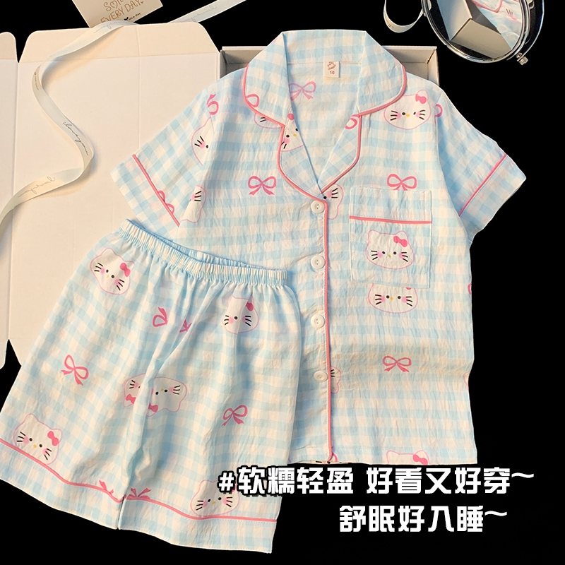 儿童睡衣女童夏季薄款KT猫卡通云朵棉2025女短袖短裤中大童家居服