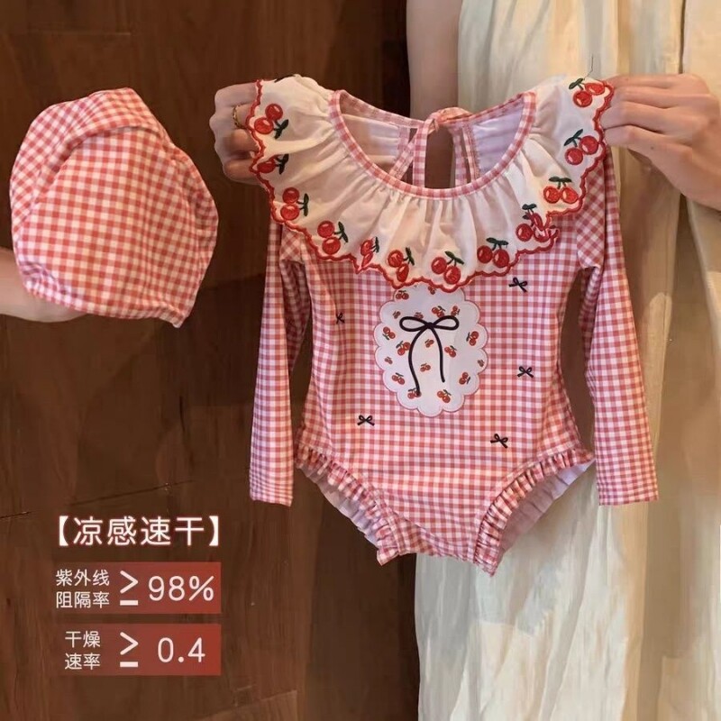 女童2025新款红色格子樱桃印花泳衣防晒长袖女宝宝系带连体游泳衣