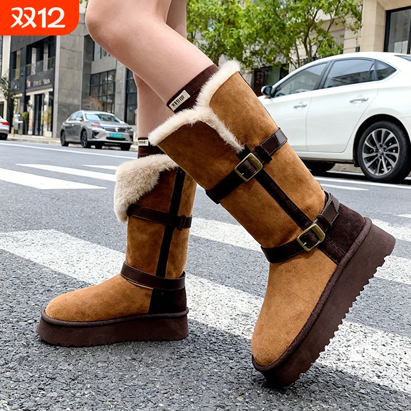 品牌断码厚底两穿雪地靴女冬季新款皮毛一体翻边毛毛长筒靴子加绒