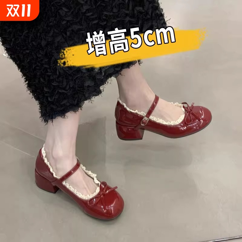 法式粗跟蕾丝边红色玛丽珍jk小皮鞋女2025新款夏季高跟配裙子单鞋