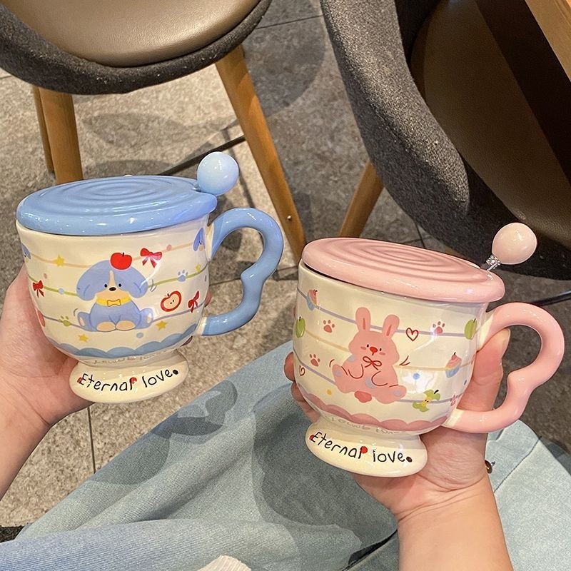 卡通小狗小兔陶瓷杯马克杯带盖勺水杯高颜值生日礼物送女生情侣杯