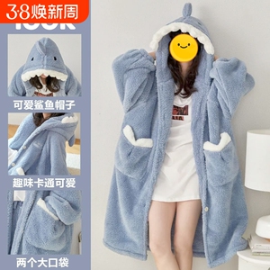 珊瑚绒睡衣女冬季2025新款男士加厚秋冬睡裙长鲨鱼睡袍套装家居服