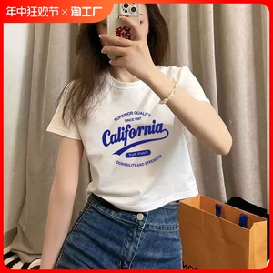 纯棉正肩短袖夏季美式复古ins宽松显瘦白色t恤女上衣慵懒风温柔