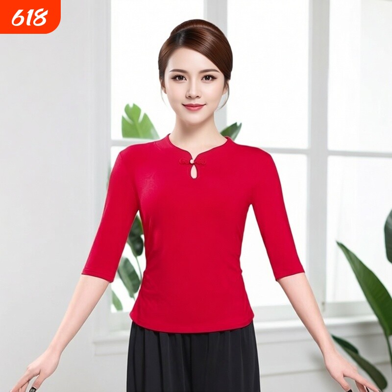 新款广场舞上衣复古立领跳舞服中国风舞蹈服女表演服装中袖练功服