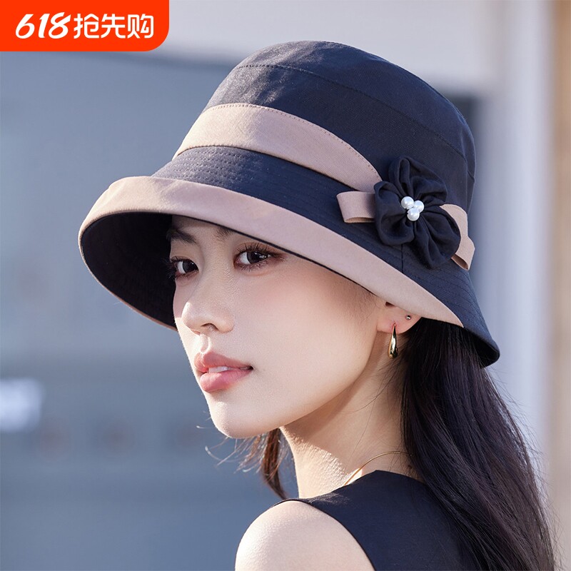 女款新春款花朵帽子防紫外线渔夫帽女式太阳帽女士夏款遮阳可折叠