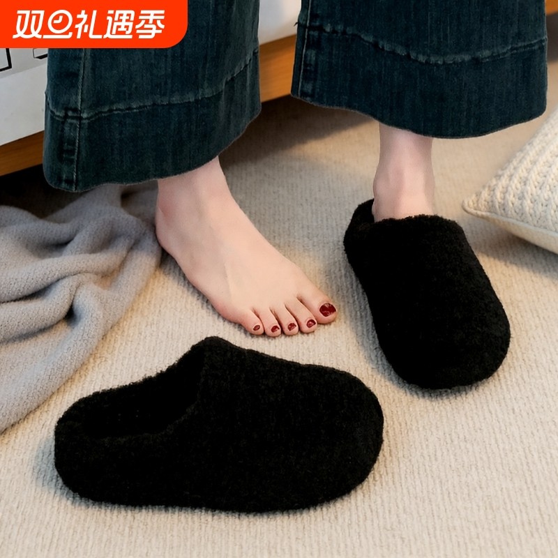 厚底毛毛半拖鞋女外穿2025新款秋冬季一脚蹬雪地靴加绒包头棉拖鞋