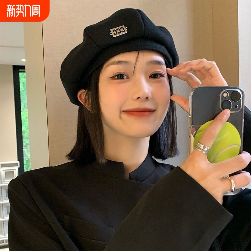 贝雷帽女春夏季日系大头围显脸小画家帽黑色百搭复古帽子ins薄款