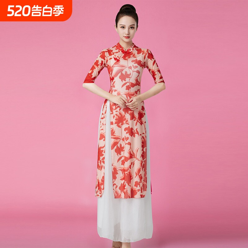 古典舞中国民族风长款走秀广场舞蹈服旗袍长裙修身表演出服女纱衣