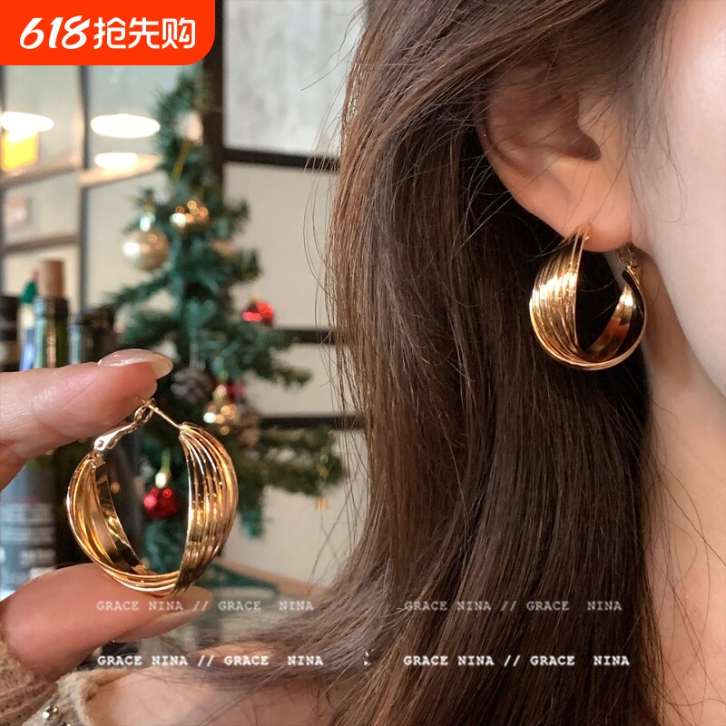小众轻奢港风圆圈耳环女复古气质18K金耳饰高级感冷淡风耳圈新款