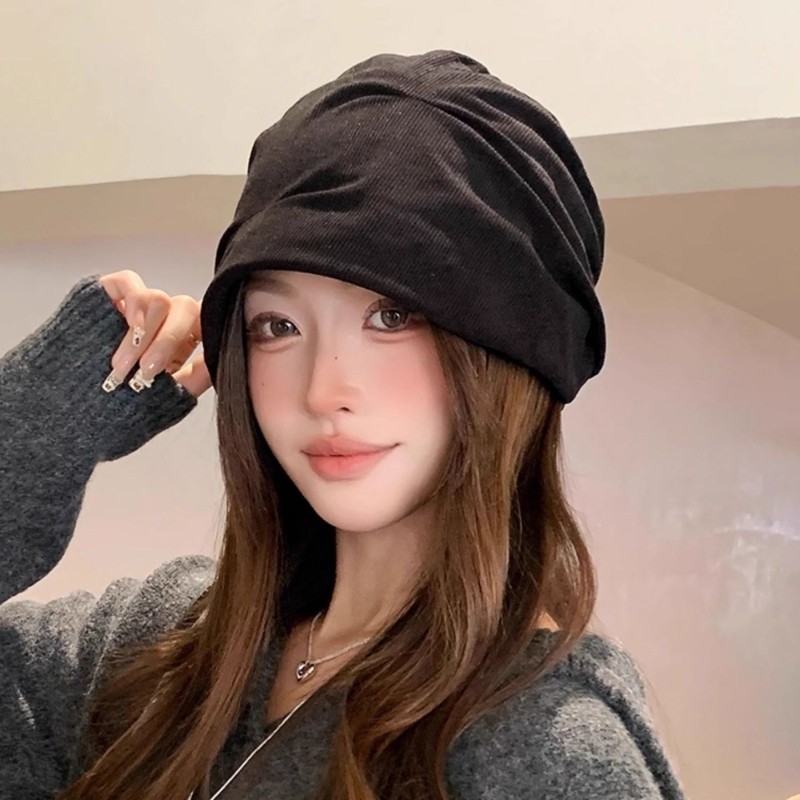 小众褶皱冷帽女款秋冬灯芯绒贝雷帽大头围堆堆帽保暖显脸小包头帽